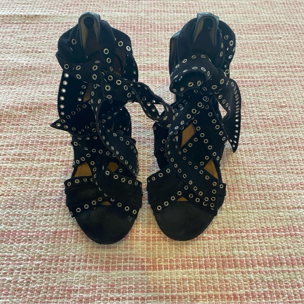 Isabel Marant Black Eyelet Suede Aydan Wrap Around Sandals Size 35